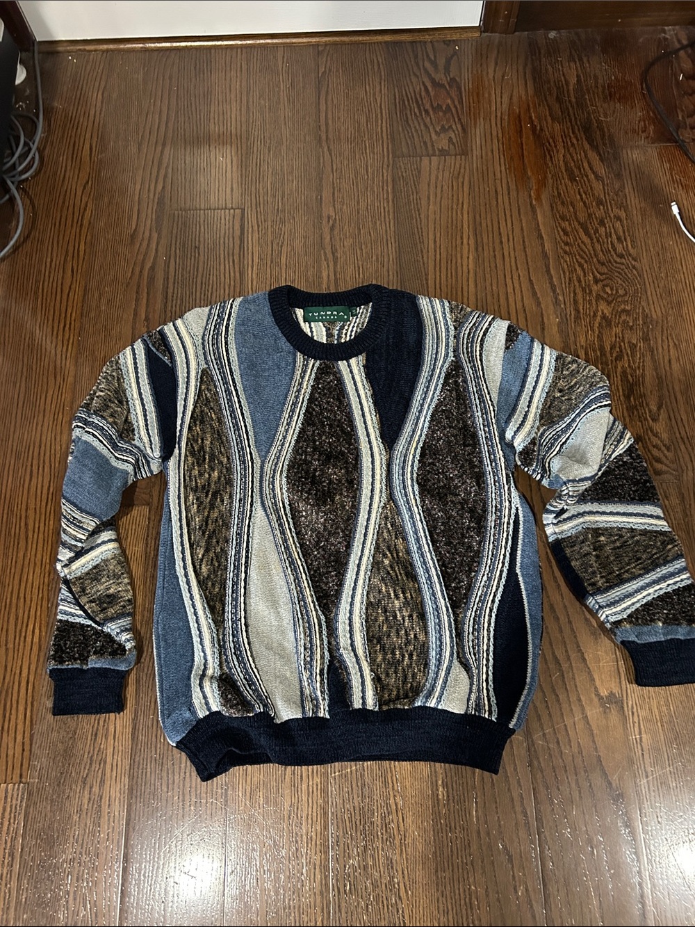 Tundra Men's Multi-Texture Crewneck Sweater - Blue, Navy & Brown Vtg Sz L